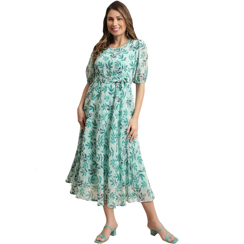 Preneum Women's Maxi Fit & Flare Latest Style Print Georgette Regular Sleeves Casual Summer Maxi | Festival & Occasion, Sky Blue, S