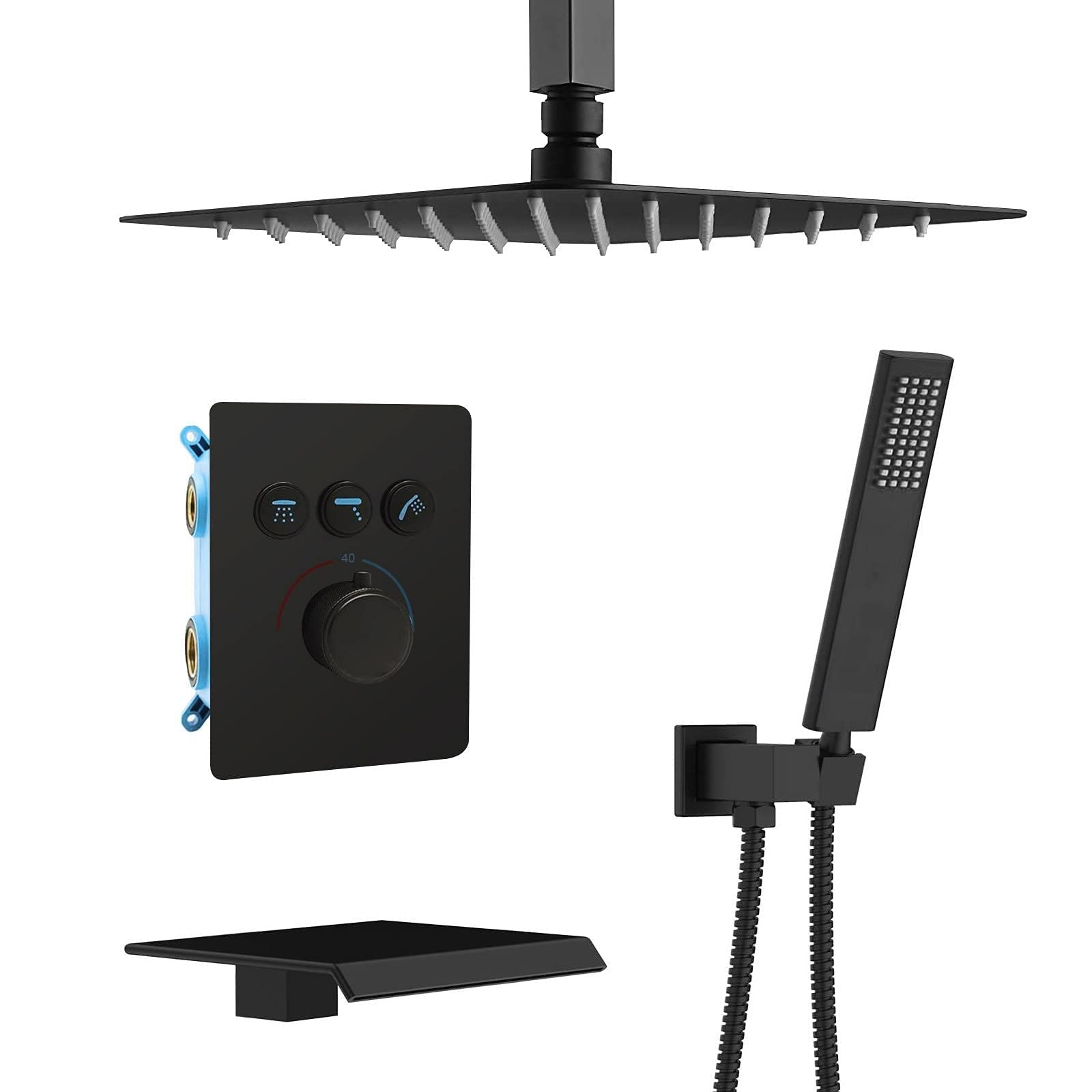 Système de douche thermostatique mural 12 pouces avec mitigeur de pluie carré en laiton