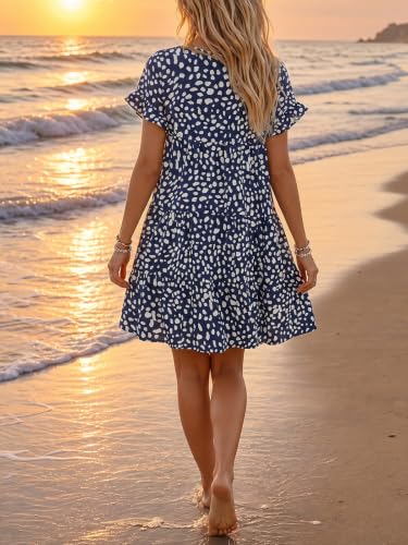 Image of Chuanqi Womens Ruffles Boho Floral Printed Babydoll Loose Swing Casual Short Mini T-Shirt Dress