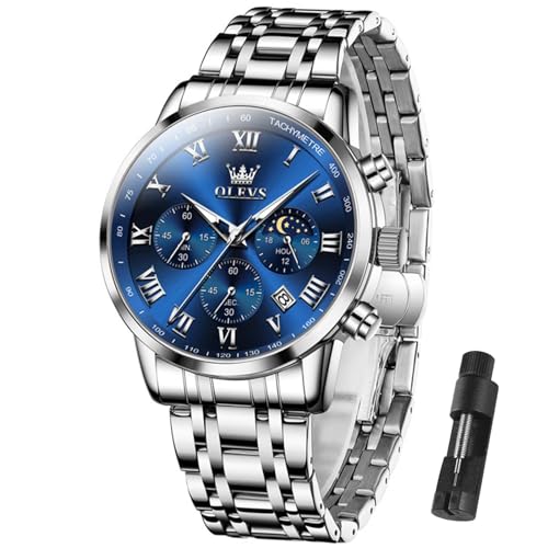 OLEVS Men Multifunction Watch, Multi Dial Waterproof Luminous Chronograph Men's Watch with Date Gift for Men,Stainless Steel Watches for Men,Classic Men Wrist Watch, sliver band blue face-5529G, ROUND