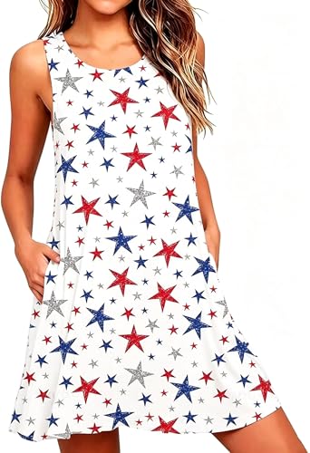 Image of Roshop Womens Juneteenth Flag Sleeveless Dress 4th of July Patriotic Swing Sundress with Pockets