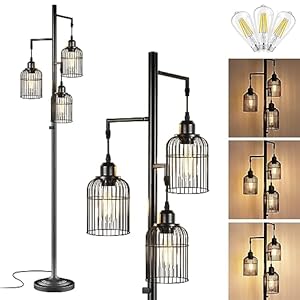 QiMH Industrial Floor Lamp for Living Room,LED Farmhouse Standing Lamp with 3 Birdcage Hanging Shade, Dimmable Tall Lamp Rustic Home Decor for Bedroom Office, Black (Bulbs Included)