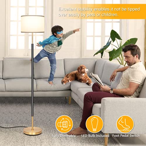 Fully Dimmable Led Floor Lamp, Boncoo Modern Standing Corner Lamp with Pedal Switch, Black Gold Tall Pole Reading Light with Drum Shade for Bedroom Living Room Study Room, A19 9W Led Bulb Included - Thumbnail 5