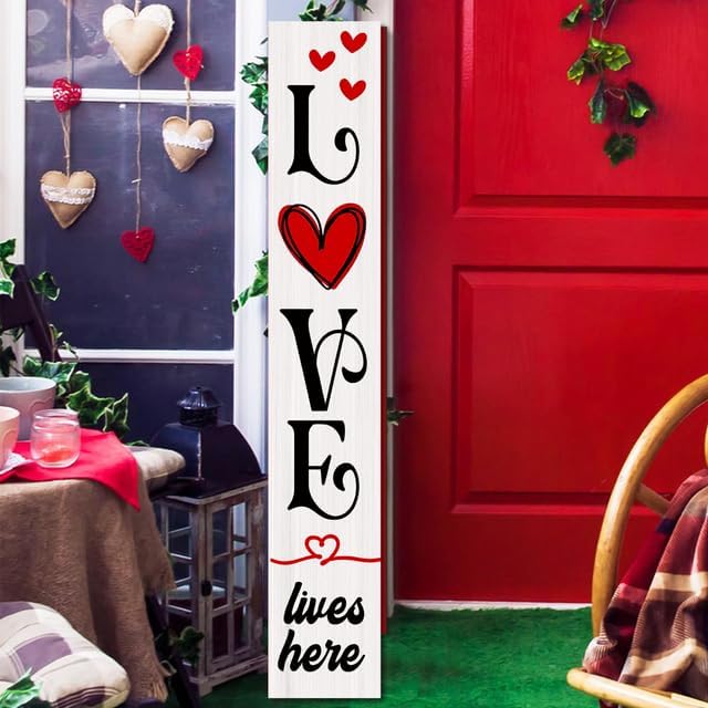 Valentines Day Decor Porch Sign for Front Door, 8inx48in Valentines Day Door Banner,Love Lives Here Vertical Sign, Happy Valentines Day Decorations for The Home