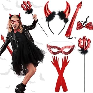 SKEFOLI Halloween Devil Costume Accessories Set for Girls Women Devil Horns Headband, Red Devil Wings for Cosplay Party