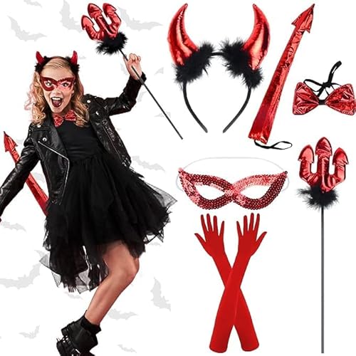SKEFOLI Halloween Devil Costume Accessories Set for Girls Women Devil Horns Headband, Red Devil Wing