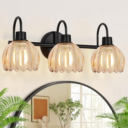 Image of Bathroom Light Fixtures, 3-Light Black Vanity Light with Ribbed Amber Tulip Glass Shades, 20-Inch Bathroom Lighting Over Mirror for Bedroom, Living Room, Hallway (Bulbs Not Included)