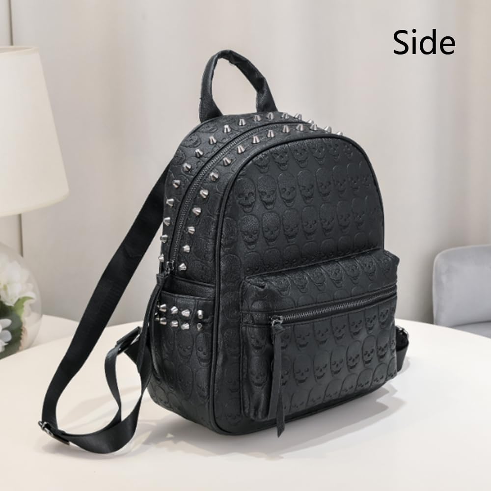 Women Punk Rivets Backpack Skull Printed Daypack Purse PU Leather Shoulder Bags Satchel Black - Image 4
