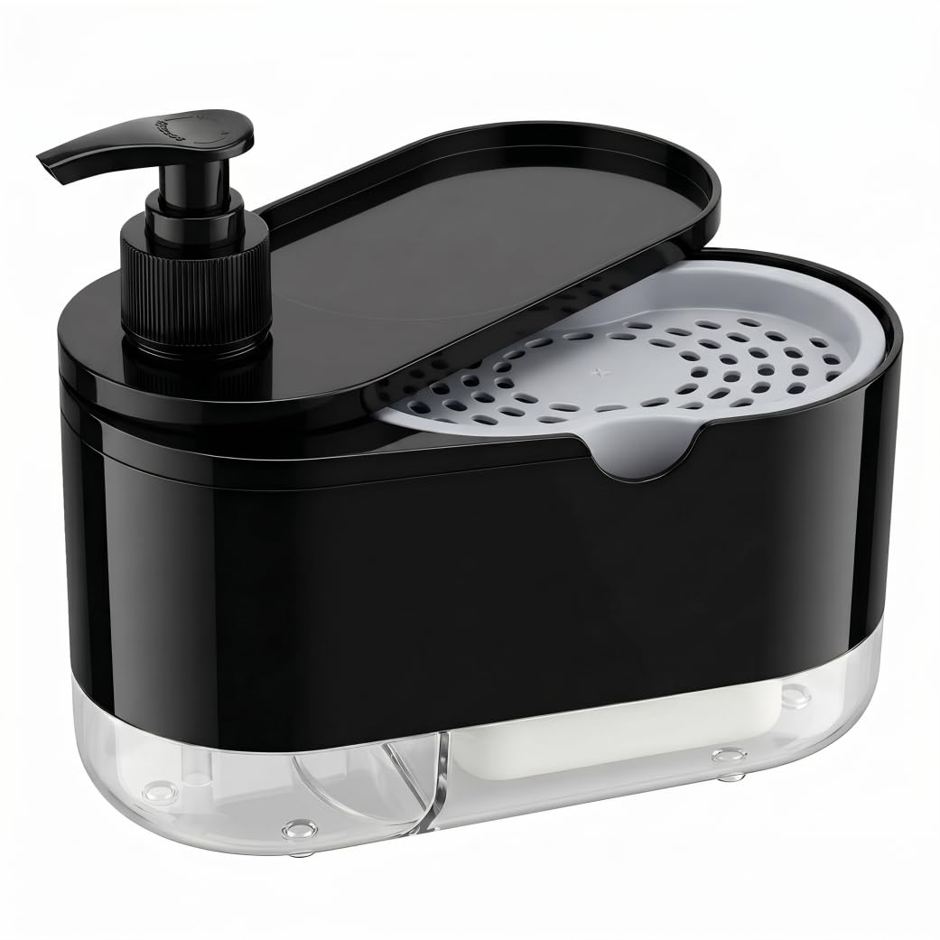 Tsawntd Dish Soap Dispenser with Sponge Holder, 2-In1 Kitchen Soap Dispenser Set for Cleaning & Storage, 7x4in, Black Dish and Sponge Holder with