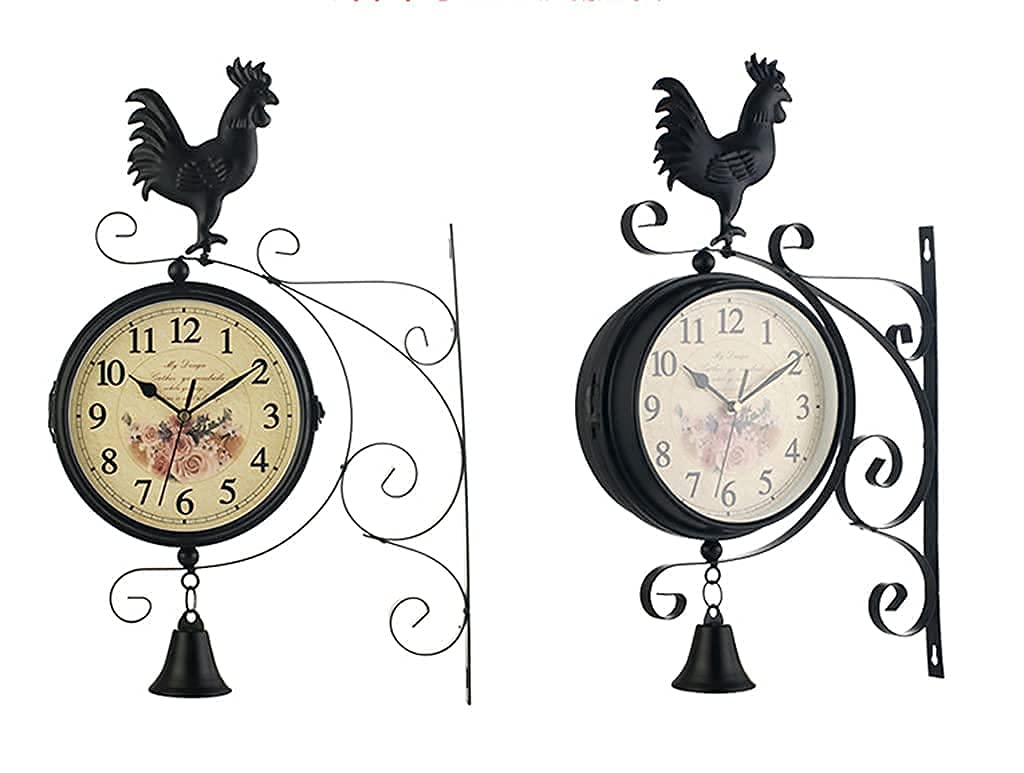 Horloge Murale D'Extérieur, Horloge Murale Décorative Rétro Double Face avec Cloche De Coq, Horloge Silencieuse en Fer Forgé pour Salon, Piscine, Terrasse, W