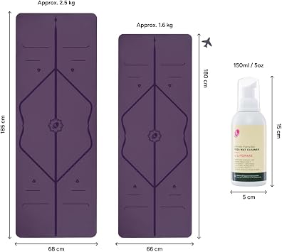 LIFORME Original Yoga Mat & Travel Mat & Ultimate Everyday Yoga Mat Cleaner - Bundle Pack -Patented Alignment System, Eco-Friendly, Non-Slip Warrior-Grip, Sweat Resistant, Comfortable - Purple/Purple