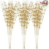 Joiedomi 12 Pcs Christmas Gold Glitter Berry Stems, 17'' Christmas Tree DIY Picks Branches, Gold Xmas Wreath Ornaments Glitter Twigs, Artificial Decorative Sticks for Party Home Wedding Holiday Decor
