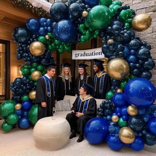 Image of Dark Green Blue Balloon Garland, Double Stuffed Navy Royal Blue Emerald Green Gold Balloon Arch Kit for Birthday Graduation Wedding Anniversary Bear Baby Shower Father's Day Party Decoration