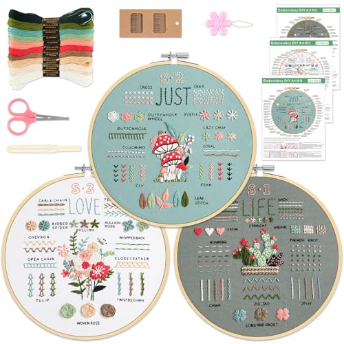 3 Sets Embroidery Kit for Beginners to Learn 36 Basic Embroidery Stitches Practice Kit,Hand Embroidery Cross Stitch Kits for Beginners with Embroidery Patterns, Hoop,Threads,Tools