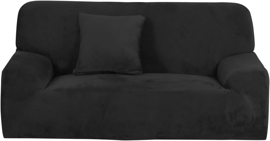 uxcell Velvet Plush Stretch Sofa Cover, Thicker Couch Slipcover for 1 2 3 4 Cushion, Stylish Furniture Protector Winter Covers with One Pillow Cover Black Medium