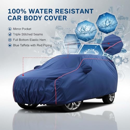Image of Sulfar 100% Water Resistant Car Body Cover Compatible with Mirror for Jeep Meridian (Triple Stitched, Full Bottom Elastic, Blue Tafetta with Red Piping)