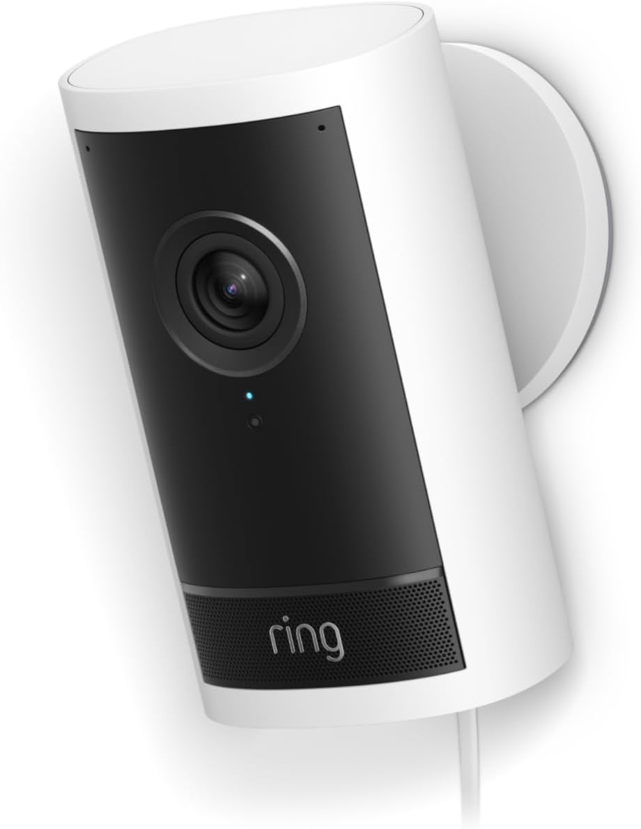 Ring Outdoor Cam Pro, Plug-In (newest model), Home or business security, Retinal 4K with wide-angle video, 10x Enhanced Zoom, and Low-Light Sight, White