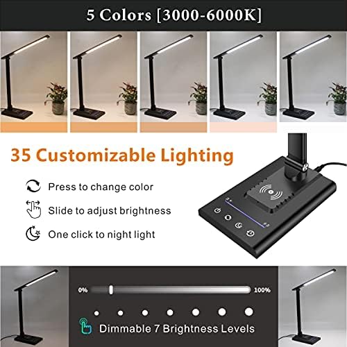LED Desk Lamp with Fast Wireless Charger & USB Charging Port, 12W Table Lamp with 35 Adjustable Lights, Touch Control & Memory Function, Led Desk Light for Home Office, Reading, Studying (Black)