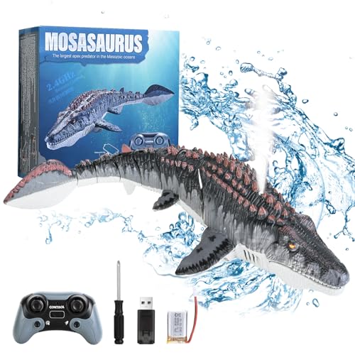 JNNQI Juguetes de Dinosaurio con Control Remoto, Juguete De Tiburón, Juguete de Agua de Mosasaurus con Luces y Spray de Agua