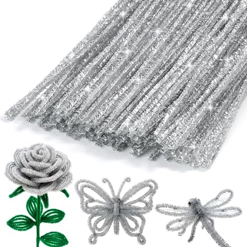Caydo 100PCS Glitter Silver Pipe Cleaners for Flowers Making, Sparkly Chenille Stems Bulk for Home Decorations and DIY Craft Projects (12 Inch x 6 mm)