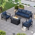 VONZOY Patio Furniture Set with Fire Pit Table, Aluminum Patio Furniture Set,Grey and Blue Outdoor Metal Sectional Sofa with Aluminum Fire Pit Table for Garden Backyard (Include Waterproof Cover)