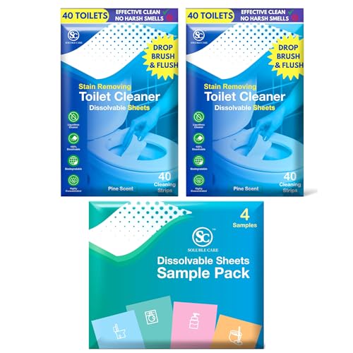 Soluble Care: 80 Dissolvable Toilet Bowl Cleaner Sheets (Easy Clean, Quick-Dissolving, Septic-Safe Cleaning) + Sample Pack (Laundry, Foaming Hand Soap, Toilet & Floor Cleaner Dissolvable Sheets)