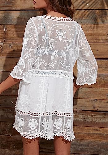 Eomenie Women's Contrast Lace Bathing Suit Cover Up V-Neck Swimsuit Coverups Loose Swimwear Beach Dress Beachwear2