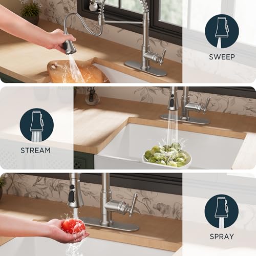 Image of FORIOUS Vintage Kitchen Faucet Pull Down Sprayer Brushed Nickel Stainless Steel, High Arc Single Handle Antique Sink Faucet 1 or 3 Holes for Pot Filler, Farmhouse Camper RV Wet Bar