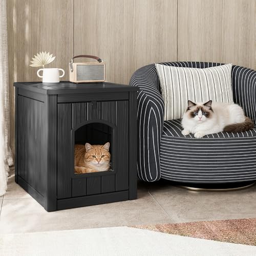 Image of Cat Litter Box Enclosure, Openable Front Door Outdoor Enclosed Cat Litter Box, Outdoor Cat House Weatherproof Raised Floor, Easy to Clean, Black