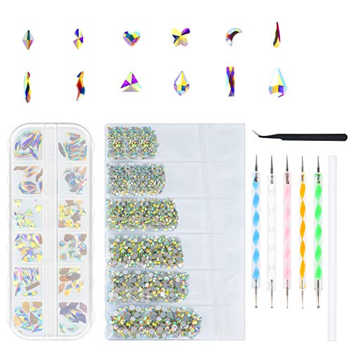 yinhua Nail Art Rhinestones Multi Shapes Glass Rhinestones 120Pcs, Clear Crystal Rhinestones 1728Pcs, Flatback Crystals 12 Mix Sizes for DIY Nail Art, with Pick Up Tweezer and Dotting Pen Sliver