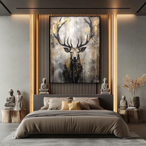 Tableau cerf doré forêt brumeuse : peinture acrylique salon 70x100 cm sans cadre