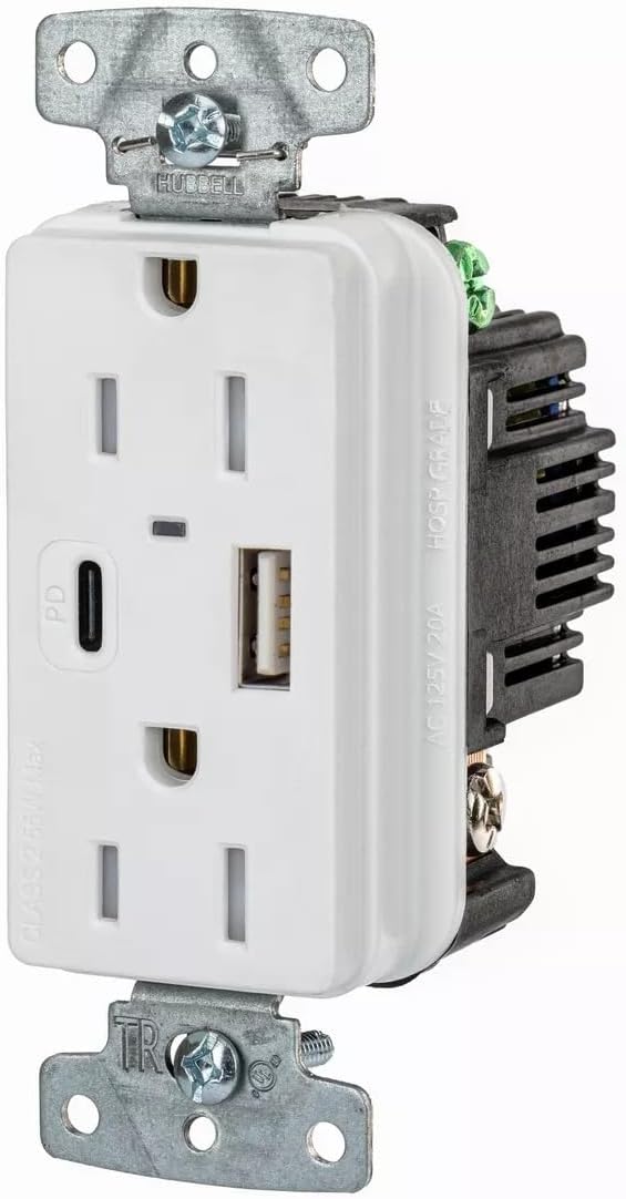 Bryant Electric 15-Amp, 125-Volt USBB15ACPDW Type A and C USB in-Wall Charger Outlet, Tamper-Resistant, White