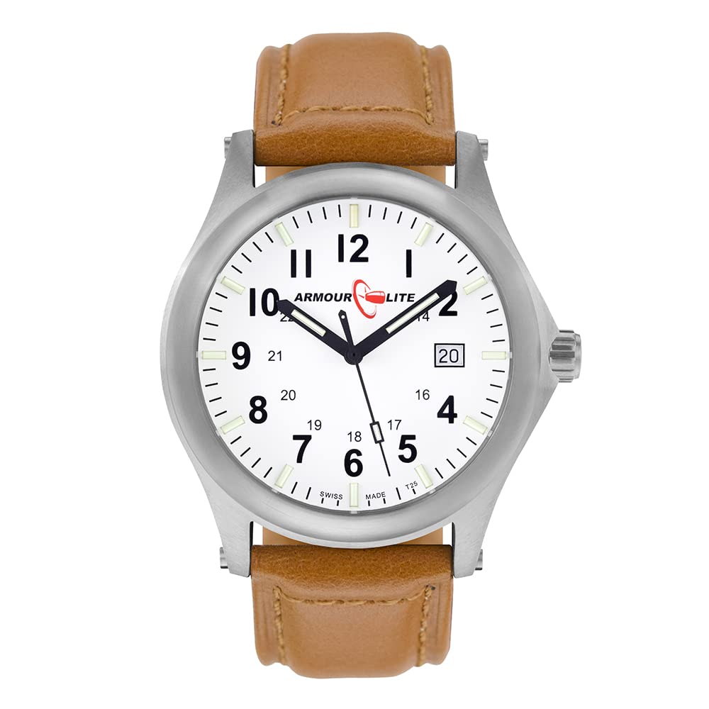 ArmourliteField Series Tritium Watch - 42mm - White Dial - Shatterproof Armourglass with Brown Leather Band