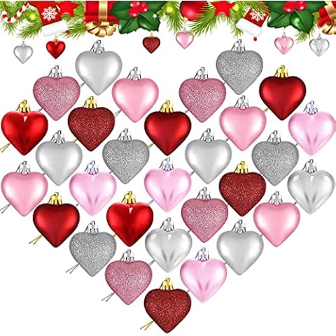 YASQZ Valentine's Day Heart Ornaments,36 Pcs Heart Baubles Heart Shaped Ornament with Rope,3 Styles Christmas Tree Hanging Hearts Decorations for Valentine's Day (Red,Pink,Silver),4.5in Cover