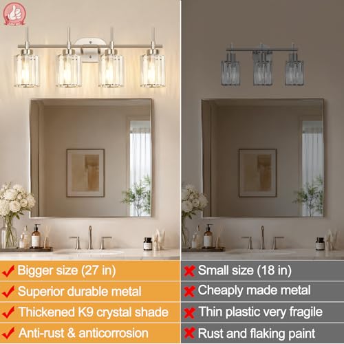 Image of Modern Crystal Vanity Light Fixtures, 4-Light Brushed Nickel Bathroom Vanity Lighting Over Mirror, Bathroom Light Fixture with K9 Clear Crystal Shades for Bedroom, Living Room, Hallway