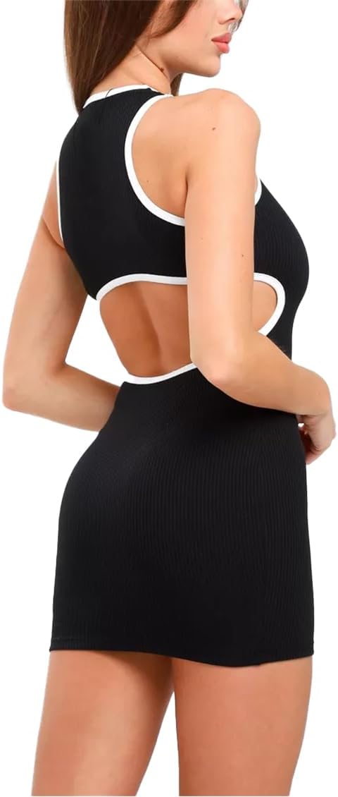 Womens Sexy Cut Out Waist Open Back Bodycon Dress Ankle Length Ribbed Party Club Midi Mini Dresses