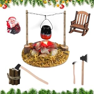 7 stück Weihnachten Wichtel Zubehör LED-Lagerfeuer Mini Lagerfeuer Wichtelzubehör Miniatur Wichtel Zubehör Set mit Weihnachtsmann, Lagerfeuer, Miniatur Schaukelstuhl Puppenhaus Zubehör