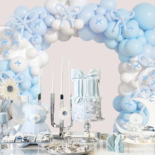 Image of Blue and White Balloon Arch Kit, JOGAMS 199Pcs Bow Balloon Arch Kit with 260 Clear Balloons Blue Ribbon for Blue Bow Birthday Decorations Bachelorette Baby Shower Bridal Shower Wedding