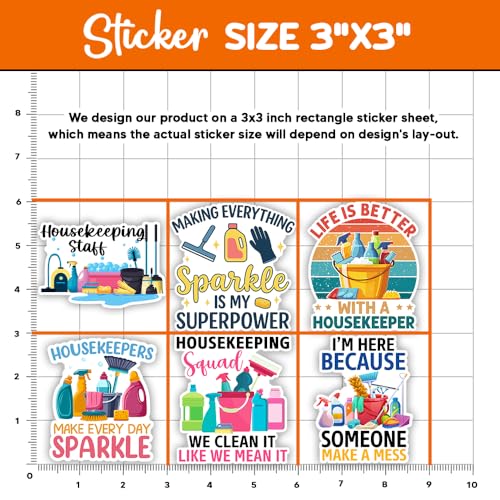 Image of MAIANEY (3x3 in) Funny Housekeeping Stickers Pack 10 Waterproof Cleaning Staff Decals for Laptop, Water Bottle, Journals - Gifts for Janitors, Maids, Housekeepers, Custodians