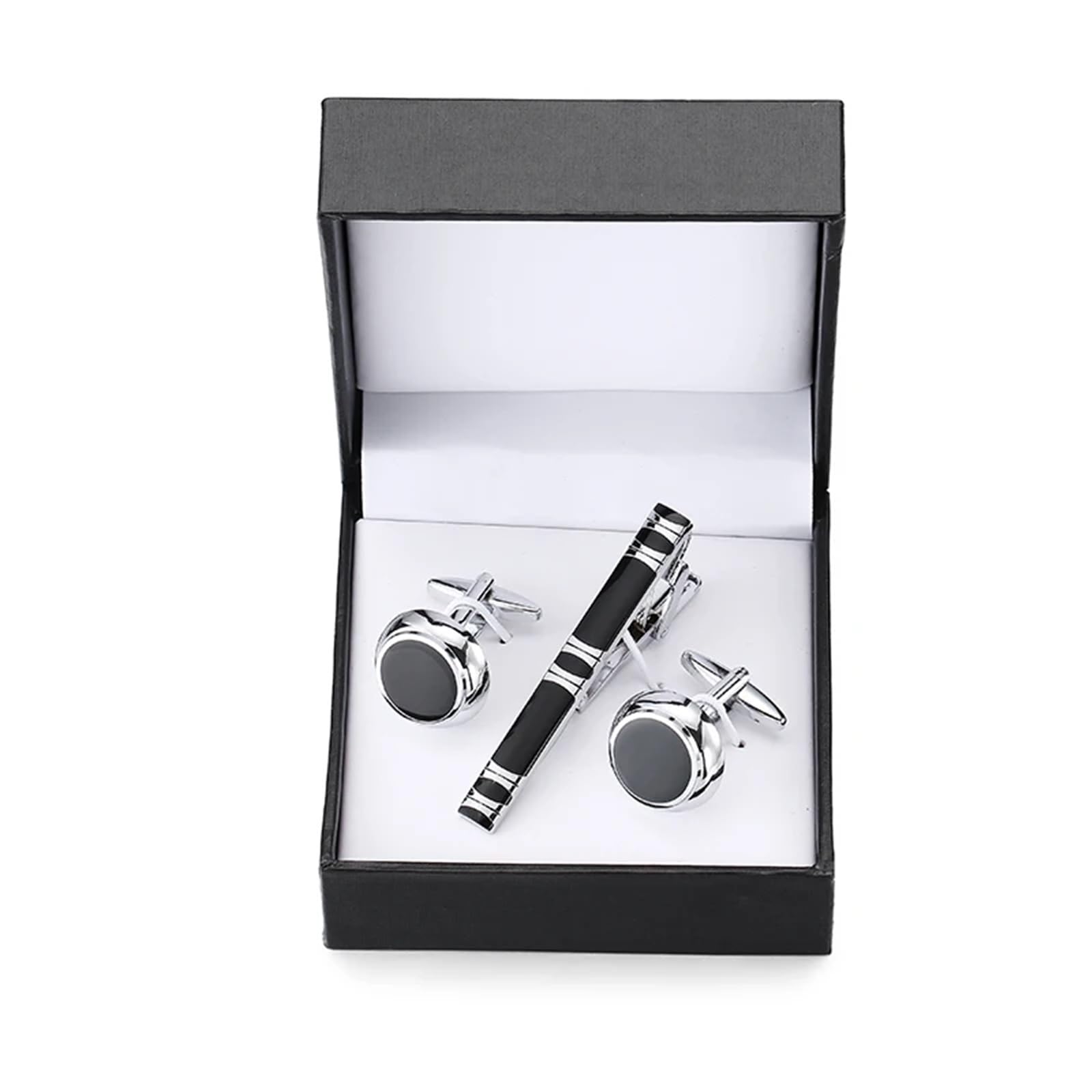 Juego de Gemelos de Camisa for Hombre con Clip de Corbata de Traje y diseño de Rayas de Esmalte Negro Redondo de Material de Cobre para Camisas