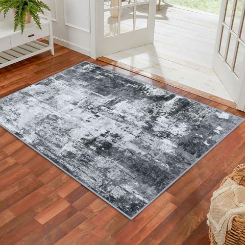 KOZYFLY Modern Abstract 3x5 Rug Gray Washable Rug Entry Rug, Soft Non-Slip Contemporary Nursery Mat Indoor Throw Kitchen Carpet with Soft Low Pile for Bedroom Office Living Room Bathroom Dorm