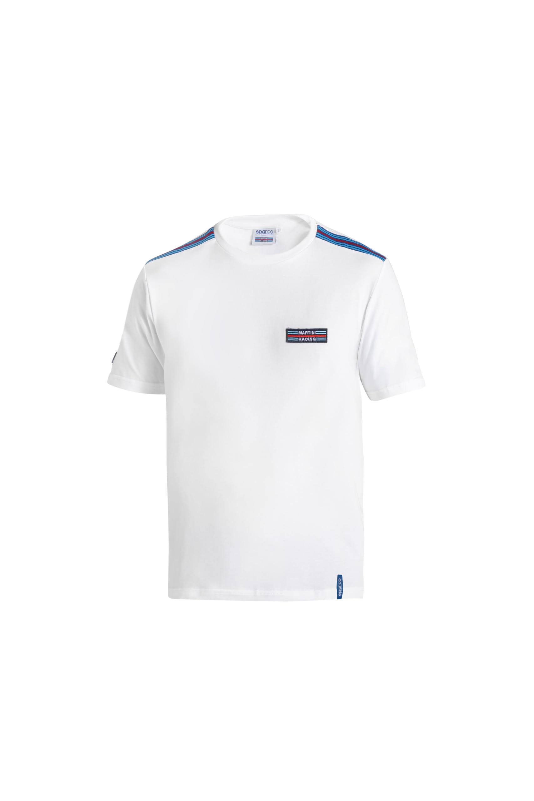 Sparco - Sparco Martini-R Top, gewebte Streifen und Martini Racing-Patch, elastisches Jersey, 95% Baumwolle, einzigartiges Auto-Design, Größe L, Weiß