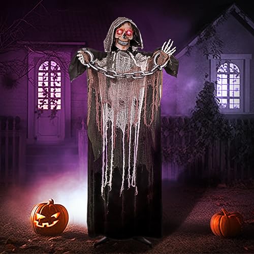 Image of JOYIN 67 inch Halloween Decorations Outdoor Life Size Animatronics Grim Reaper with Chain, Sound-Actived Party Decor with Creepy Sound, Scary Haunted House Props for Garden Yard Lawn