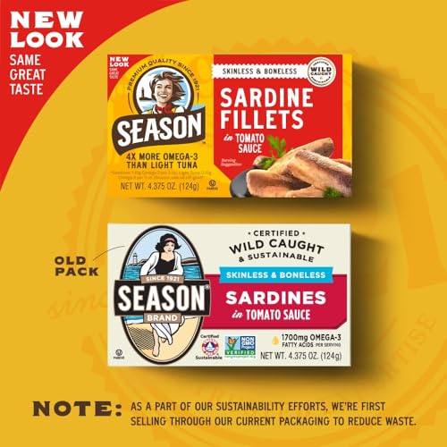 Image of Season Sardines in Tomato Sauce Skinless & Boneless, 4.37 Oz Tins, 6-Pack | Wild Caught, 22g of Protein, Keto Snacks, More Omega 3's Than Tuna, Kosher, High in Calcium, Canned Sardines