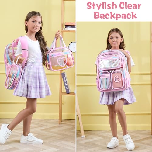 Image of Fimibuke Clear Backpack for Girls, 3PCS Heavy Duty PVC Transparent Kids Backpack for Teen Girls, School, Concert, Stadium Events Approved See Through School Girl Bookbag with Lunch Box & Pencil Case