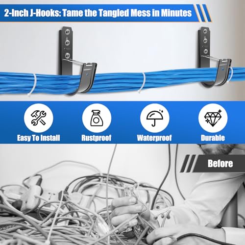 Image of Podoy 50 Pack Black 2 inch Galvanized Steel Cable J Hooks with Retainer Clips | 16-Gauge Wall /Ceiling Cable Hangers for CAT5e, CAT6, Coax, Fiber Optic and Conduit, 50 lb Load Capacity