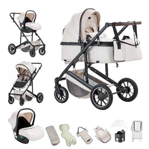 Kakbgee 3 en 1 Carrito Bebé, Cochecito Bebe con ECE R129 Asiento de Coche, Cochecito con Mango Ajustable de Altura, Cochecito Carro de Visión alta con Marco de Aluminio (22KG, 0-4 Años)