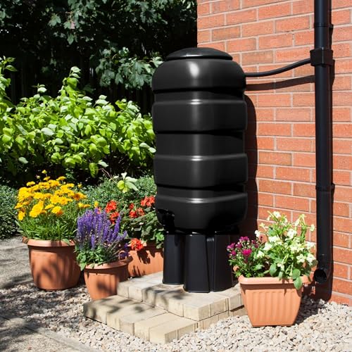 100L Space Saver Black Water Butt Set - Complete With Stand Tap & Diverter Kit - Rain Saver Garden Water Container For Gardens & Patios - 90cm x 40cm x 40cm Water Butt.