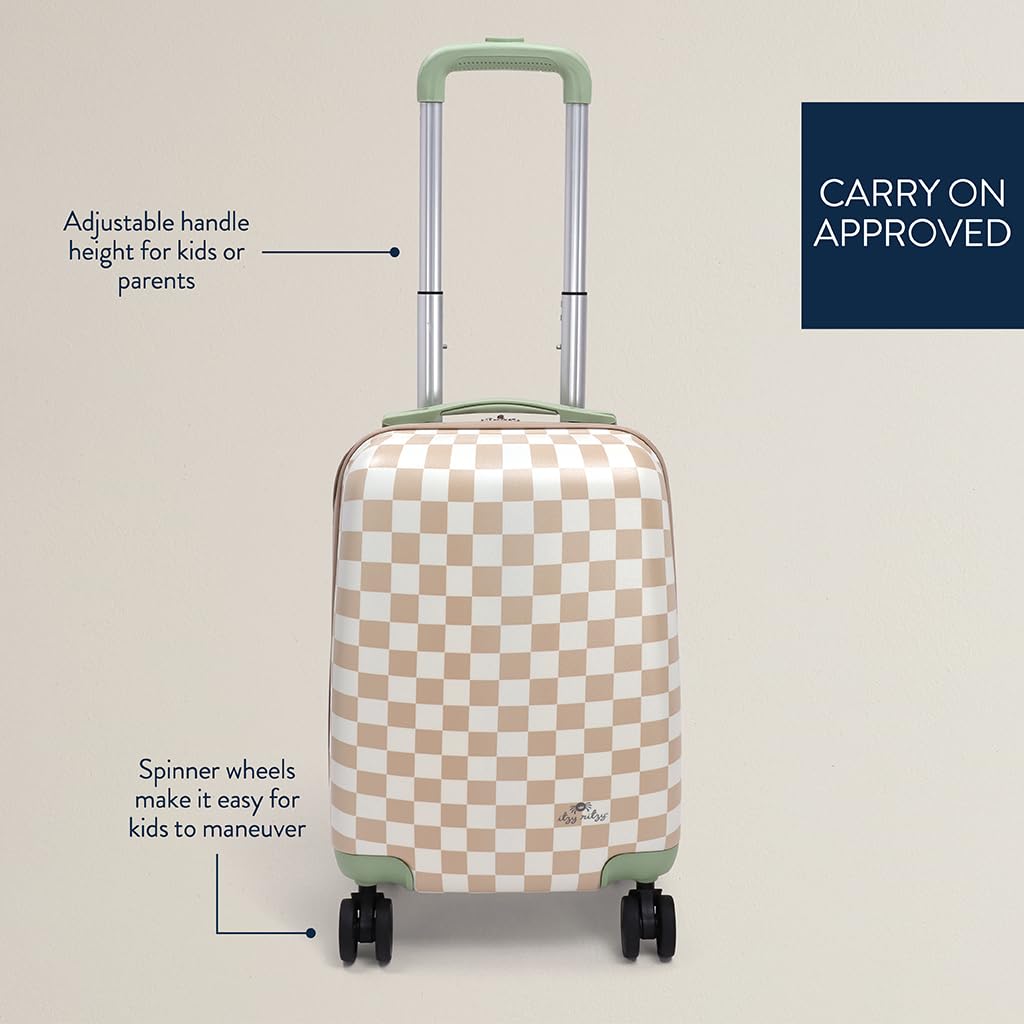 Itzy Ritzy Toddler Suitcase with Adjustable Handle, 360-Degree Spinner Wheels, 2 Interior Compartments and Hard Shell Design – Perfect Kids Luggage with Wheels for Ages 3 and Up (Checkerboard)