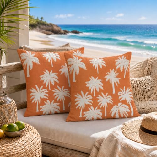 Jecuwo Palm Tree Pillow Covers 18x18 Inch Set of 2 Vintage Tropical Throw Pillow Covers Summer...